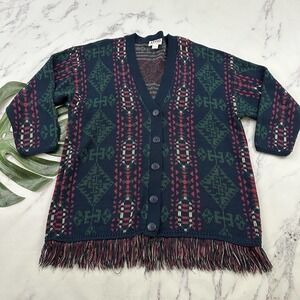 Avon Style Womens Vintage Cardigan Sweater Plus Size 1x Blue Red Blanket Woven